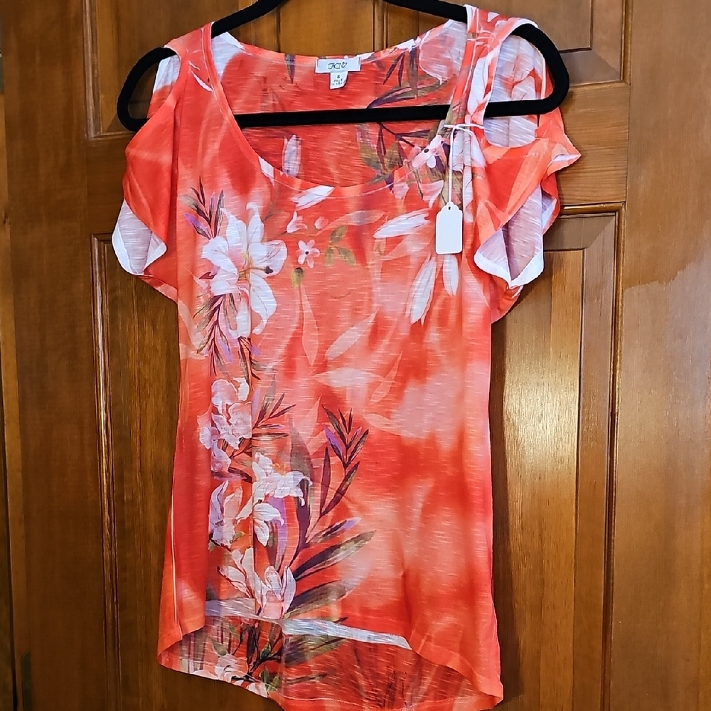 Cache Women's Floral Blouse - Orange and White With Cut Out Sleeve